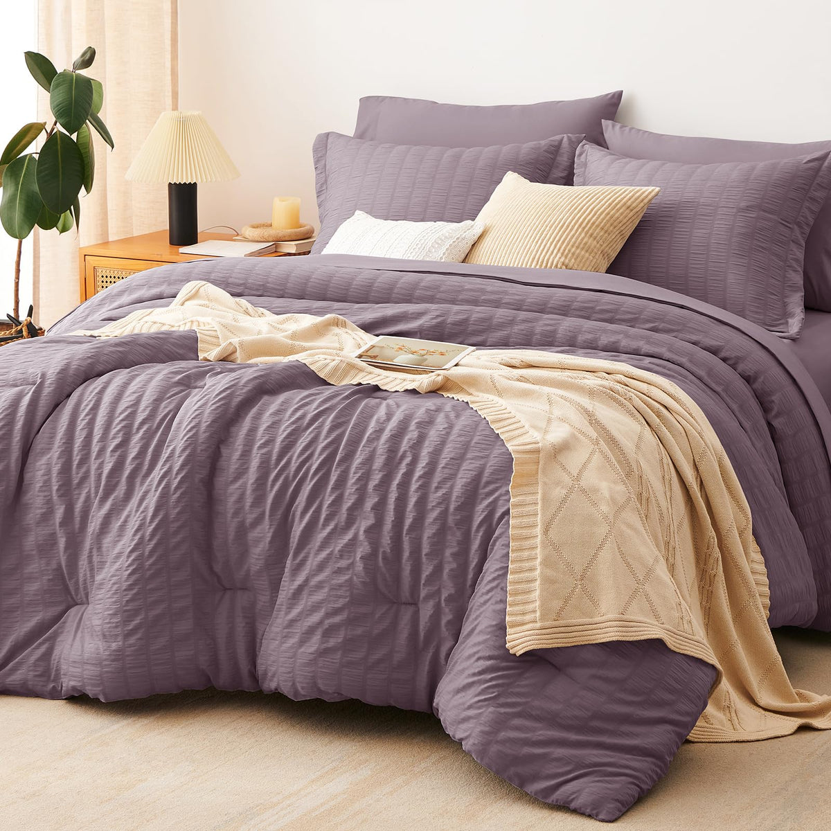 CozyLux Queen Comforter Set, 7 Pieces Beige Seersucker Bed in a Bag
