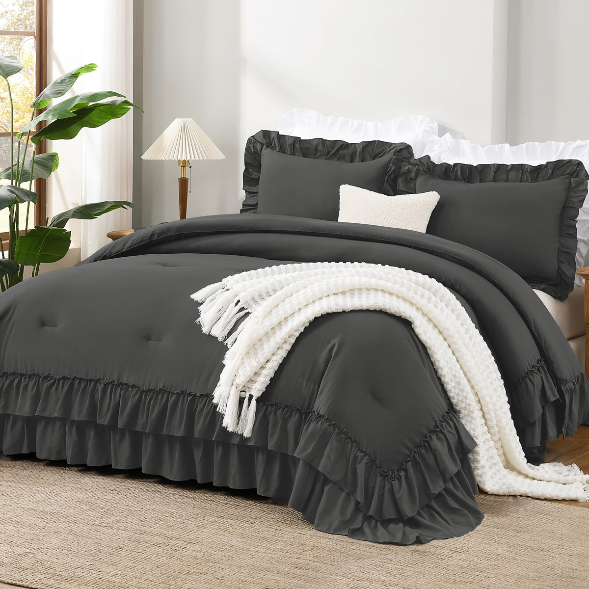 Andency Beige Ruffle Full Size Comforter Set, 3 Pieces