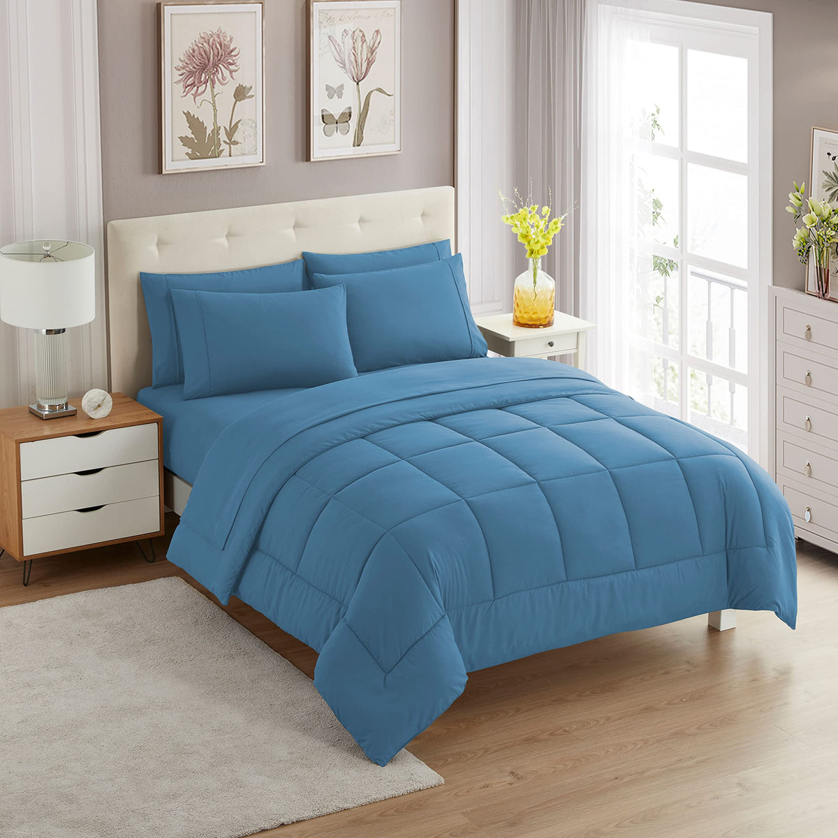 Sweet Home Collection 5 Piece Comforter Set Bag Solid Color All Season Soft Down Alternative Blanket & Luxurious Microfiber Bed Sheets, Navy, Twin