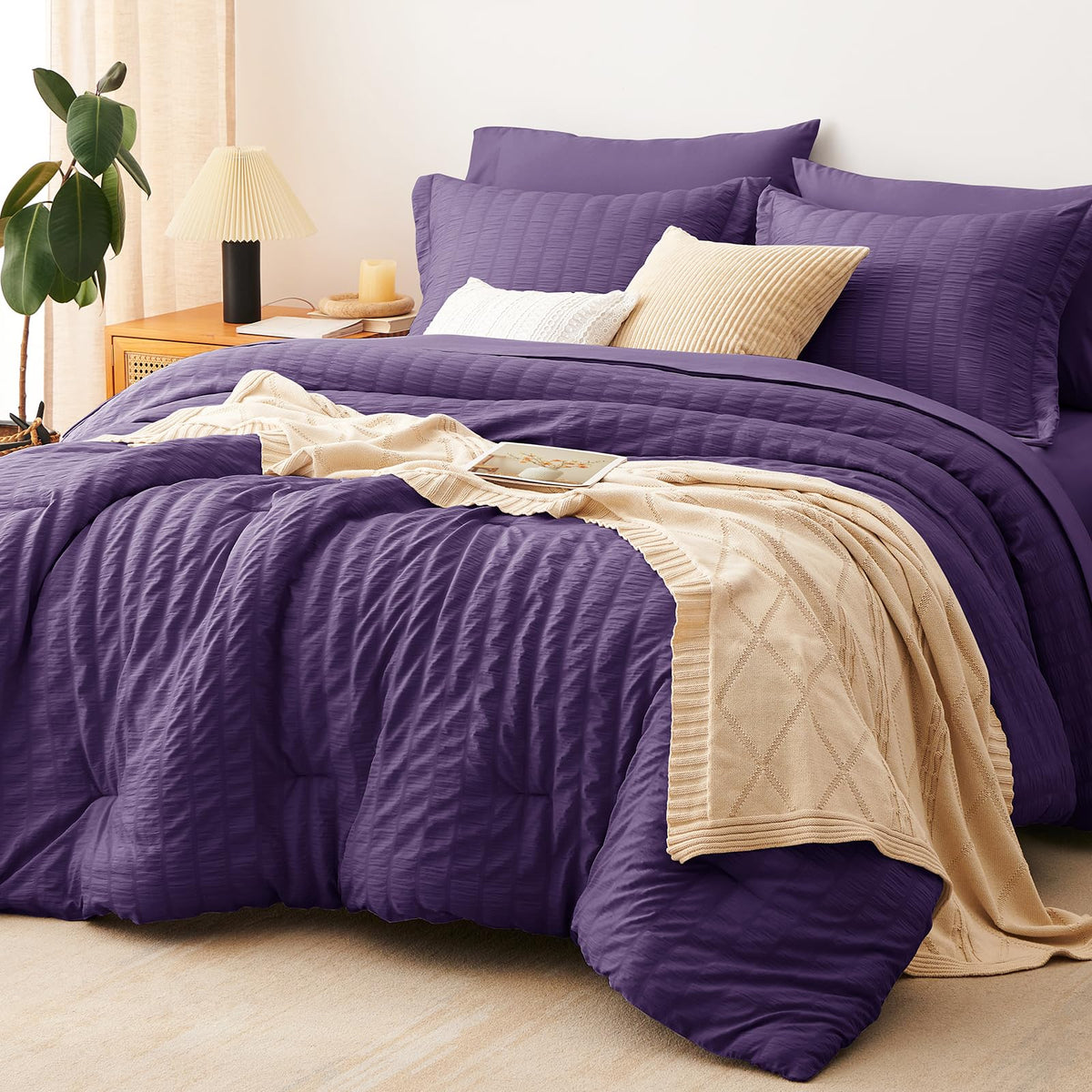 CozyLux Queen Comforter Set, 7 Pieces Beige Seersucker Bed in a Bag
