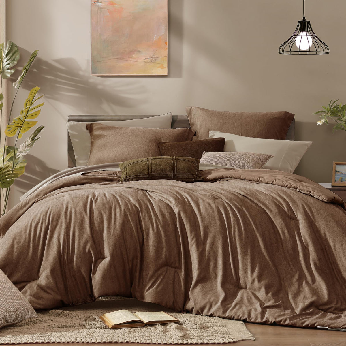 Monbix Queen Comforter Set 7 Pieces Terracotta Cationic Dyeing Bed in a Bag