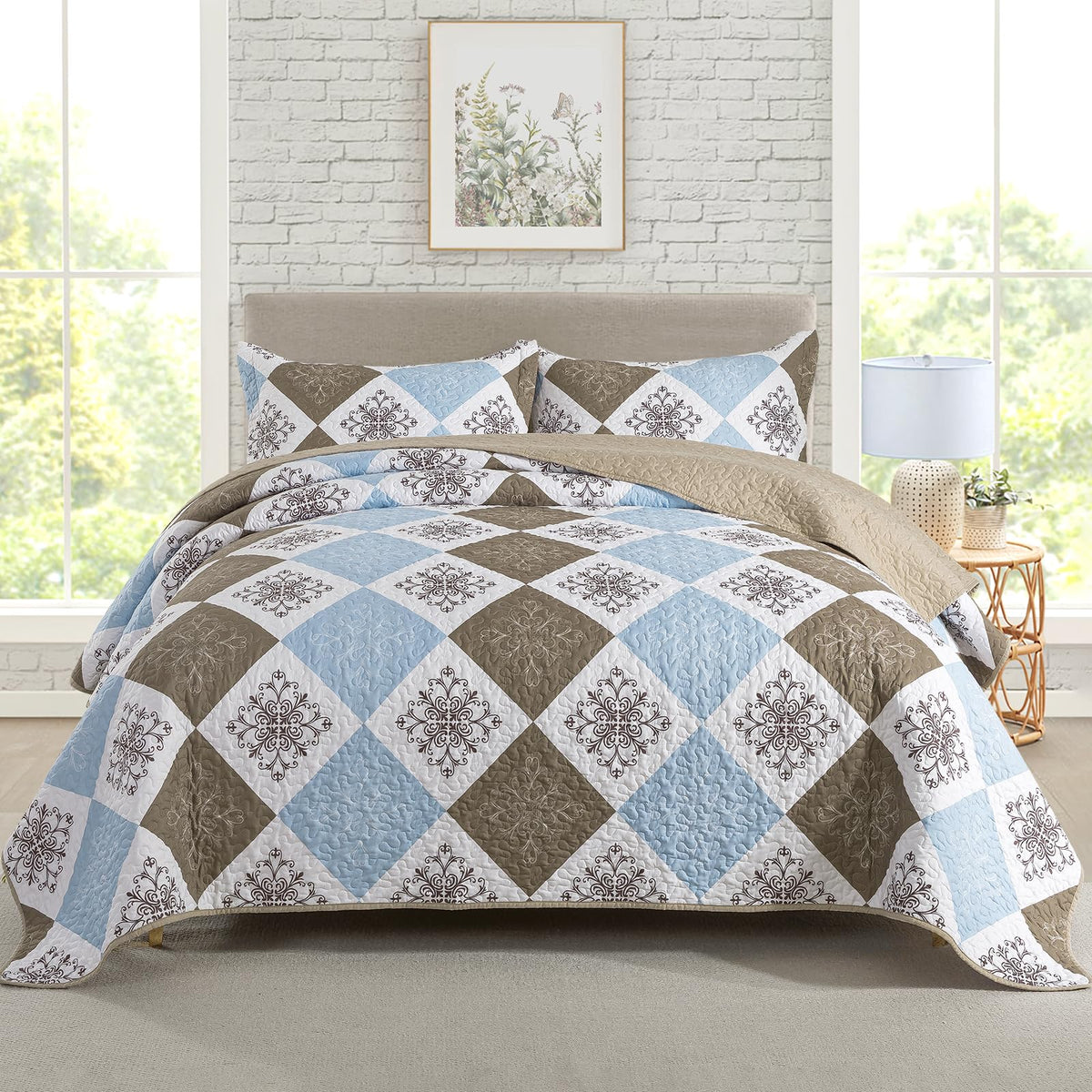 Travan 3-Piece Quilt Set Quilted Bedspread Lightweight Coverlet Set Garden Style Floral Printed Oversized Quilted Bedding Set with Shams for All Season, Exquisite, Queen Size