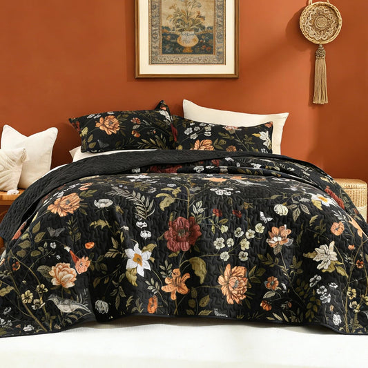 Litanika Floral Black Quilt King - 3Pcs Summer Boho Bedding Set