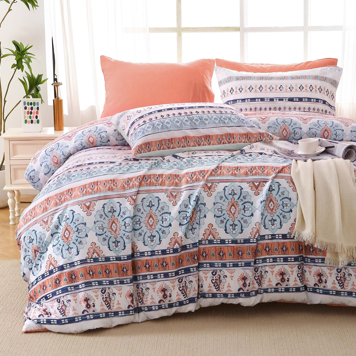 MUXHOMO Beige Full Comforter Set, Elegant Floral Print Bed in a Bag 7 Pieces, Ultra Soft & Breathable Reversible Botanical Pattern Bedding Set with Comforter, Sheets, Pillowcases, and Shams