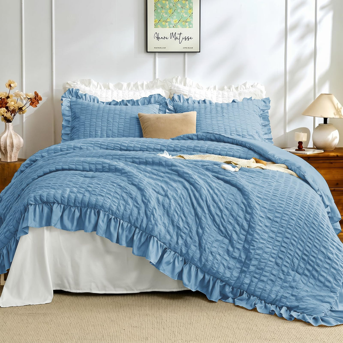 JOLLYVOGUE Ivory Comforter Full Size, 3 Pieces Seersucker Lightweight Full Size Bedding, All Season Fluffy Microfiber Bedding Comforter Set with 1 Ruffle Comforter and 2 Ruffle Pillowshams