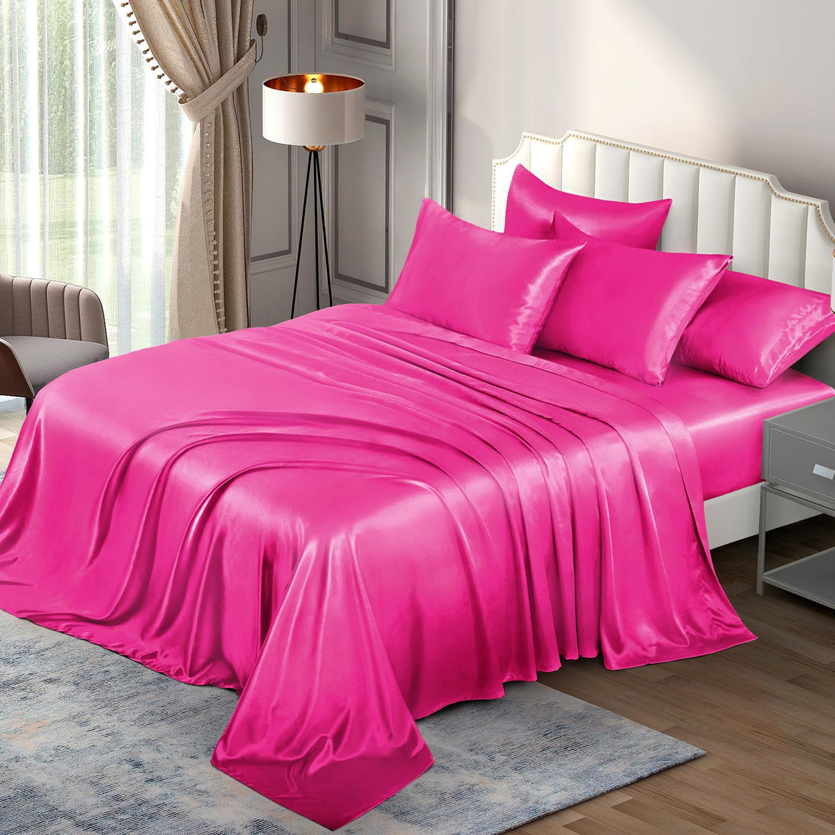 P Pothuiny Satin Sheets Set, Queen (6 Pieces, Taupe) - Luxury Soft Bed Linen Set with 1 Fitted Sheet, 1 Flat Sheet, 4 Pillowcases