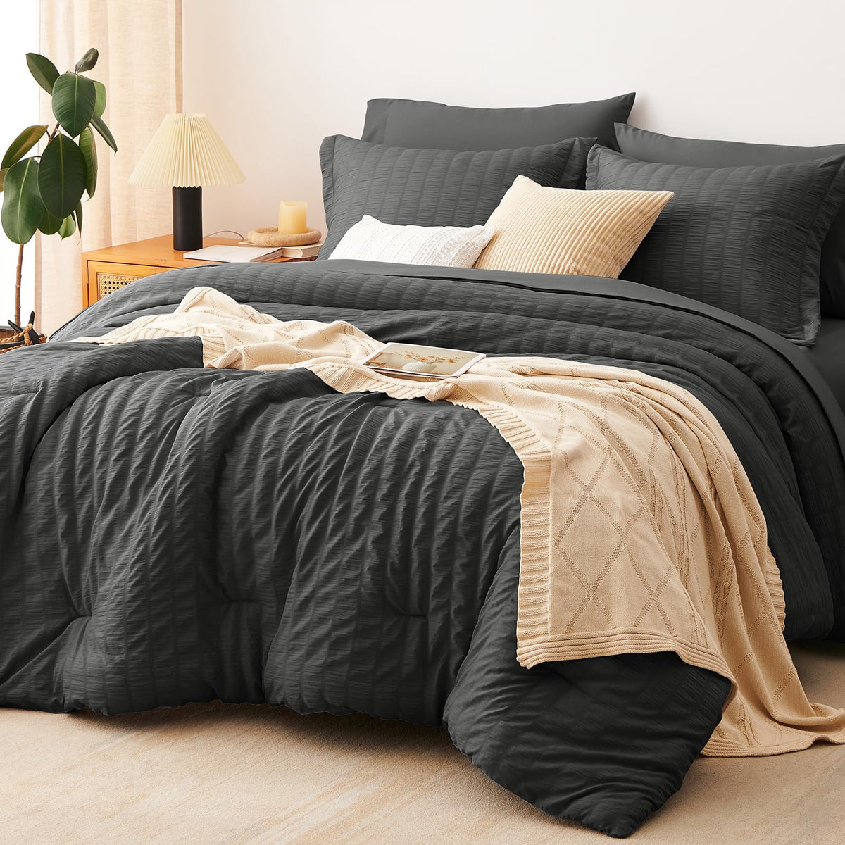 CozyLux Queen Comforter Set, 7 Pieces Beige Seersucker Bed in a Bag