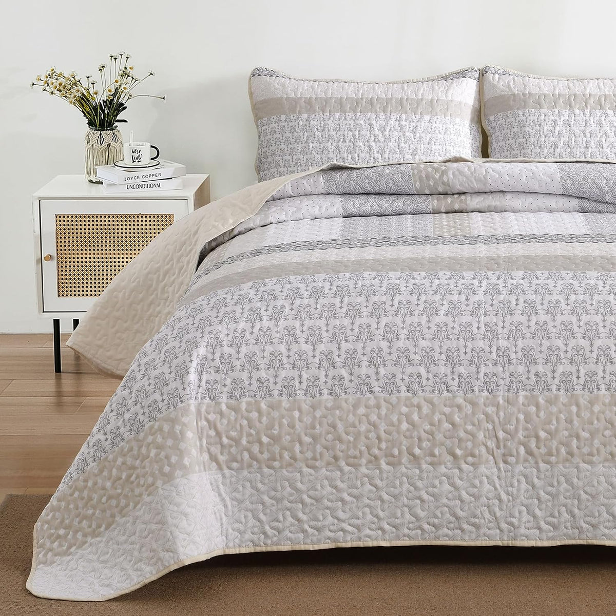 WONGS BEDDING Beige Quilt Queen Size, Boho Striped Bedspread