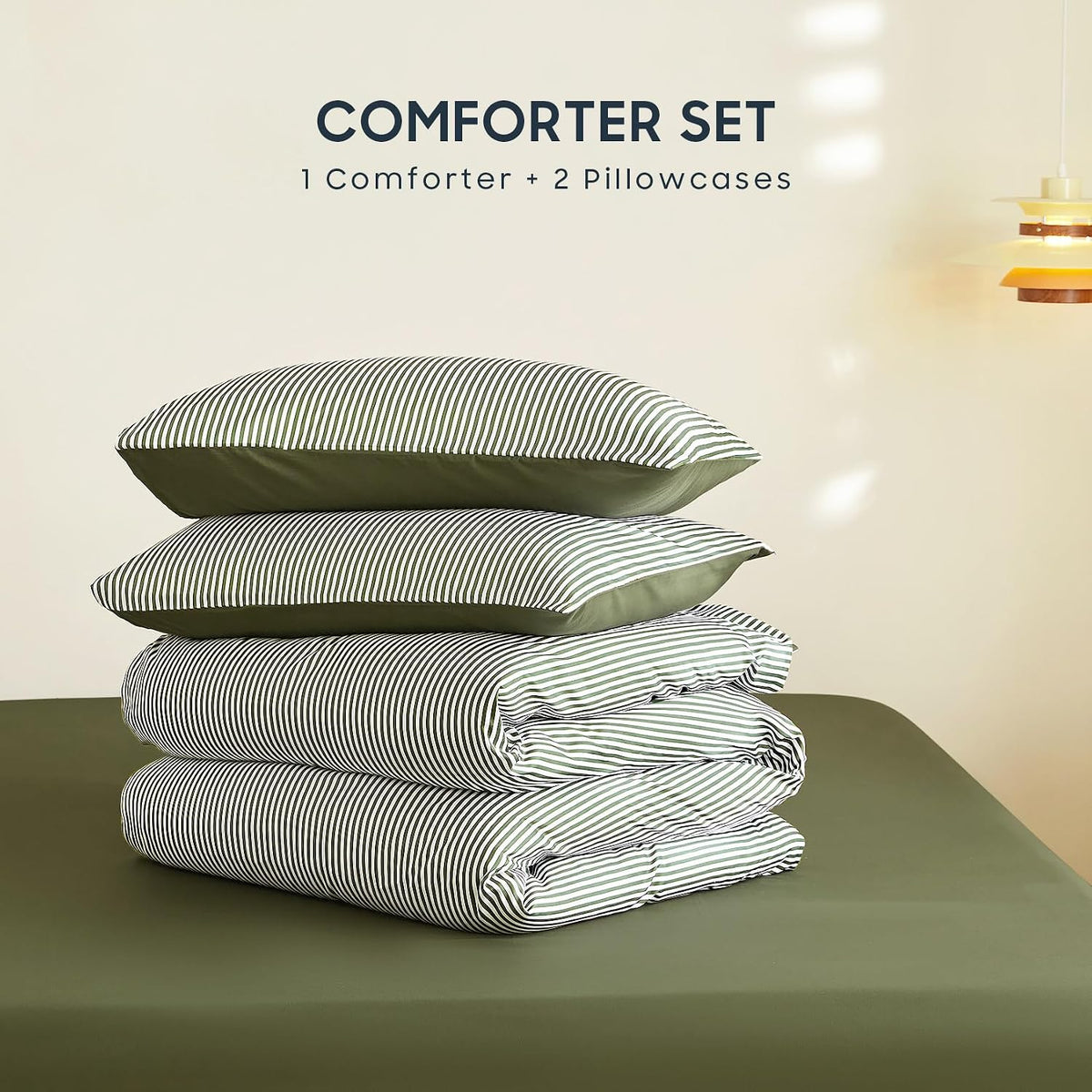 Wake In Cloud - Striped Comforter Set, Ticking Stripe Vertical Pinstripe Neutral Farmhouse Pattern Printed, Soft Lightweight Bedding, 3 Pieces, Olive Green White, King Size