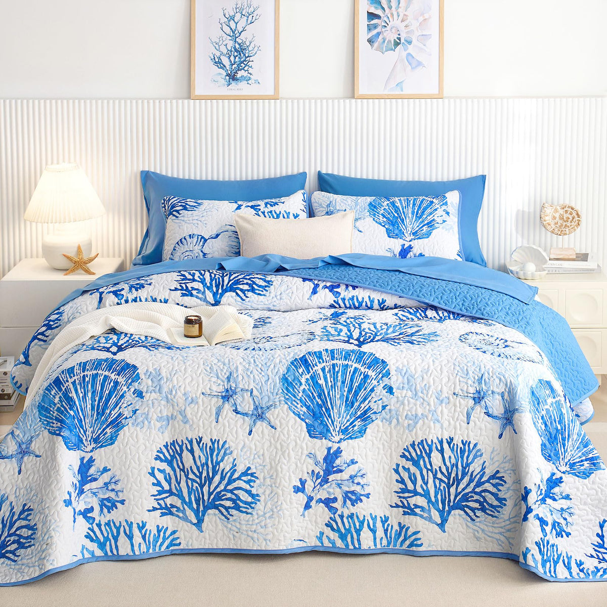 Wake In Cloud - Coastal Quilt Set, Nautical Ocean Beach Themed Tropical Summer Patterned, Reversible Lightweight Bedspread Coverlet, 3 Pieces, Aqua Turquoise, Queen/Full Size