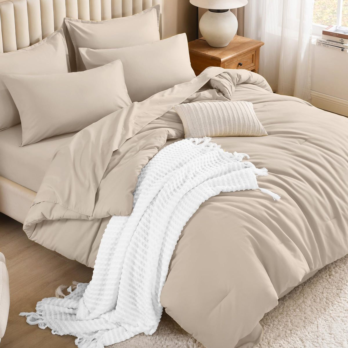 Litanika King Comforter Set with Sheets Beige - 7 Pieces Solid Bed in a Bag
