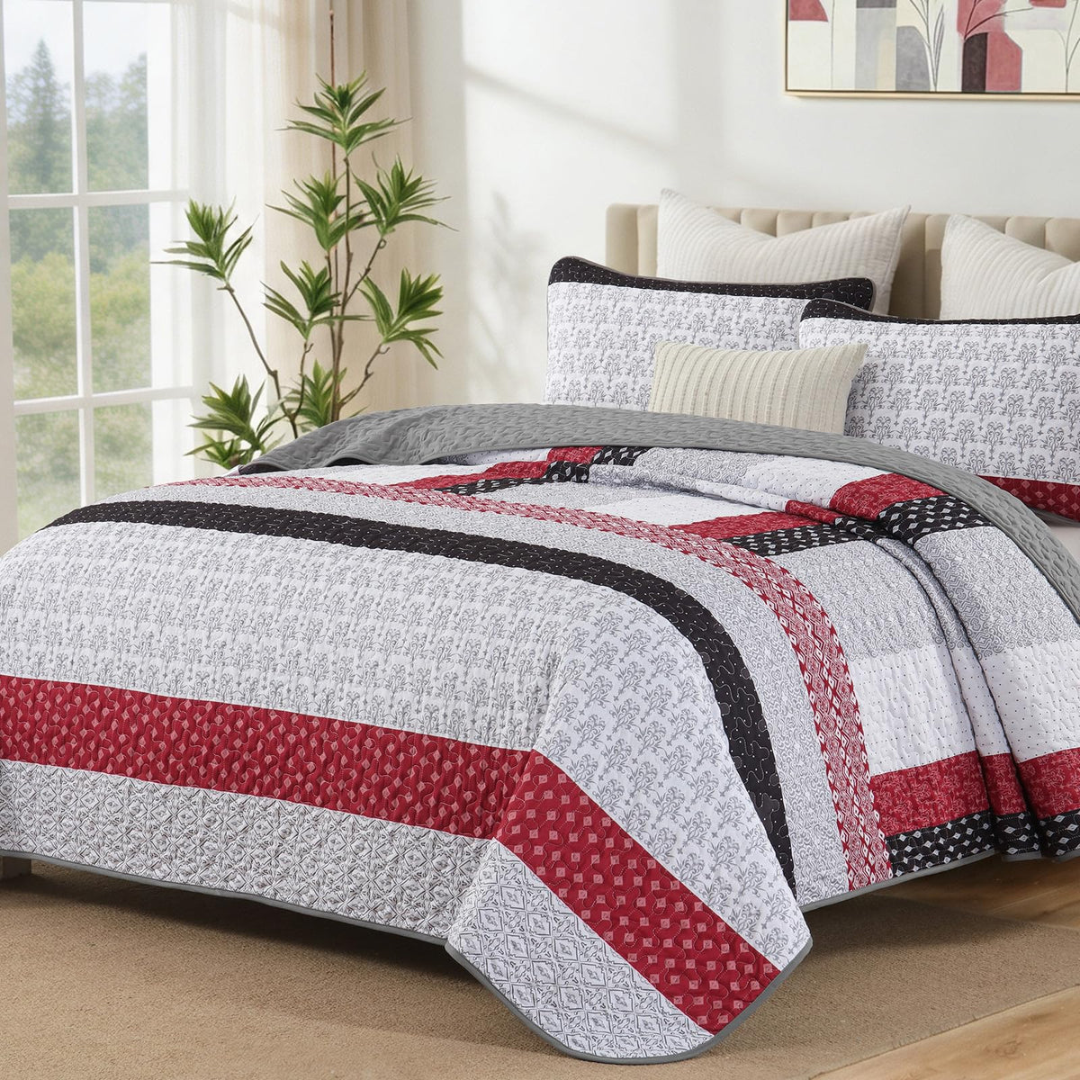 WONGS BEDDING Beige Quilt Queen Size, Boho Striped Bedspread
