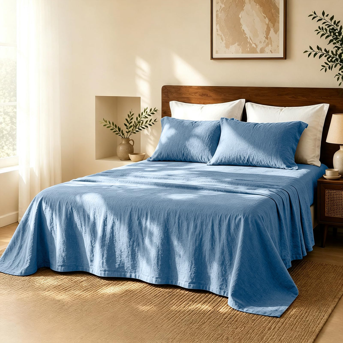 MEISHANG 100% French Linen Sheets Queen,4 Pcs,18-24" Extra Deep Pocket