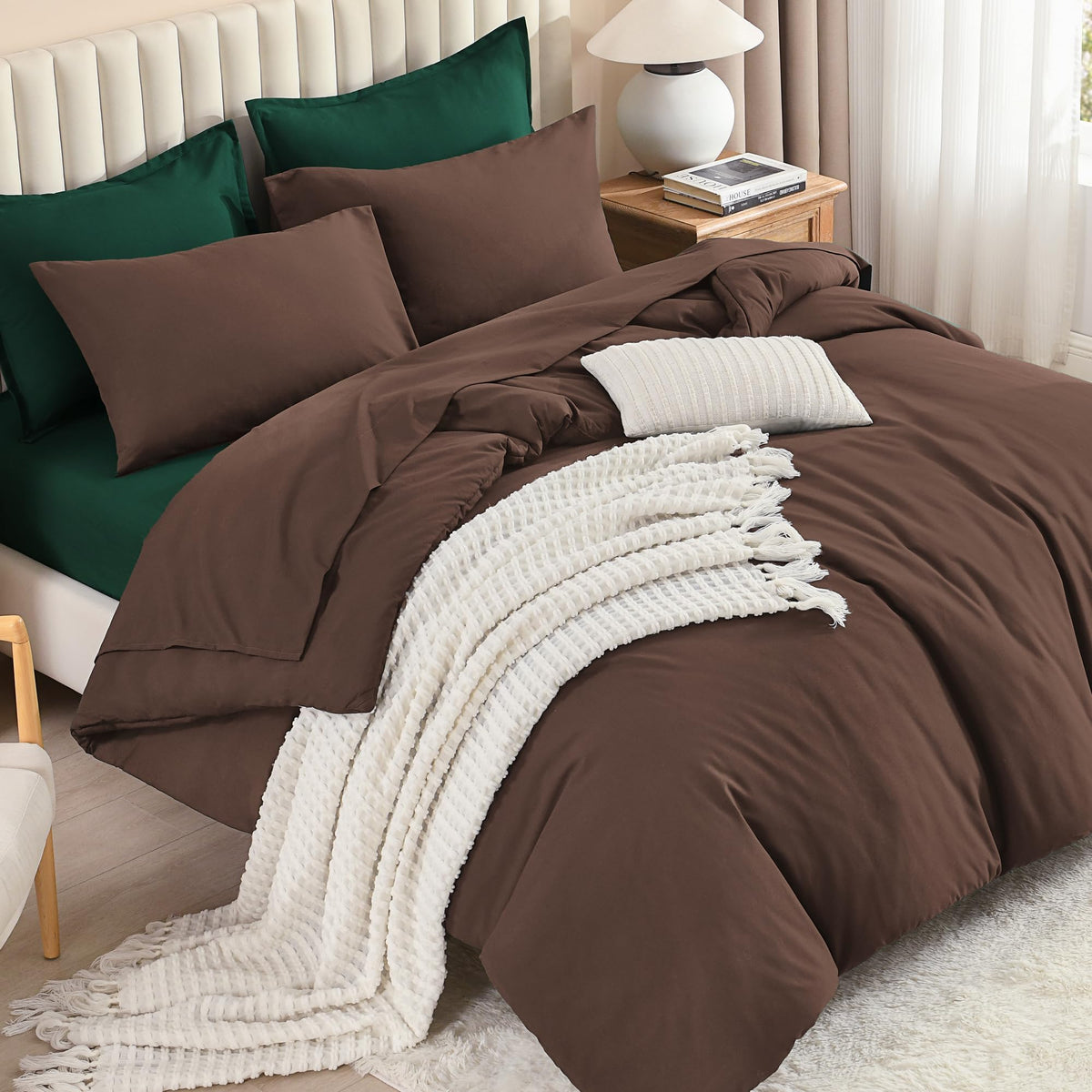 Litanika King Comforter Set with Sheets Beige - 7 Pieces Solid Bed in a Bag