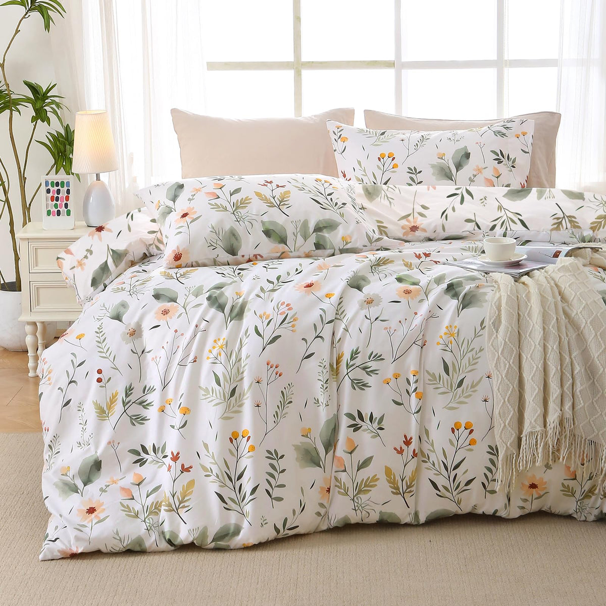 MUXHOMO Beige Full Comforter Set, Elegant Floral Print Bed in a Bag 7 Pieces, Ultra Soft & Breathable Reversible Botanical Pattern Bedding Set with Comforter, Sheets, Pillowcases, and Shams