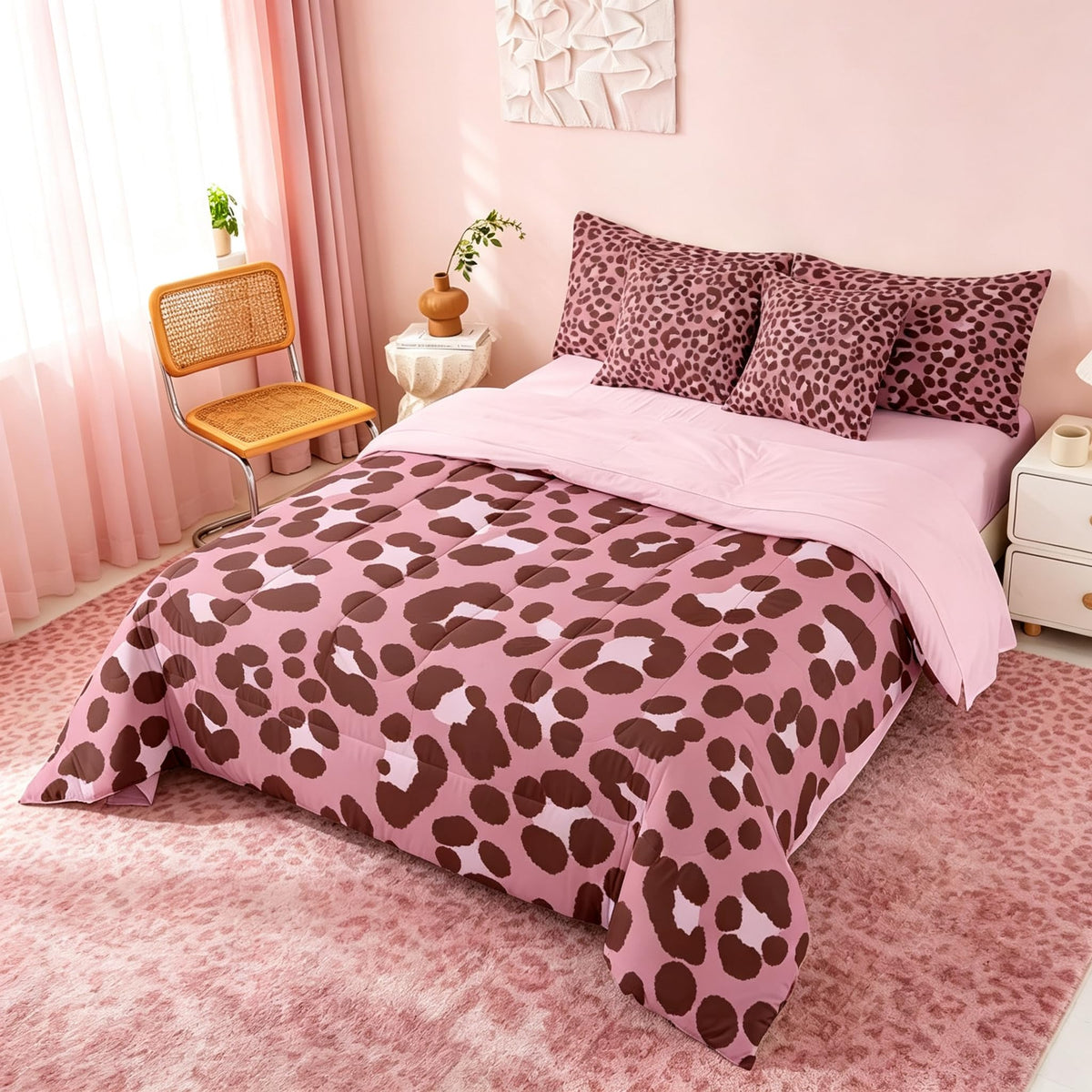 Erosebridal Leopard Print 7 Piece Bedding Set Full Cheetah Decor Comforter Set with Sheets Geometric Modern Bed in A Bag African Safari Animal Bed Sets with 2 Pillowcases, 2 Pillow Covers Lightweight