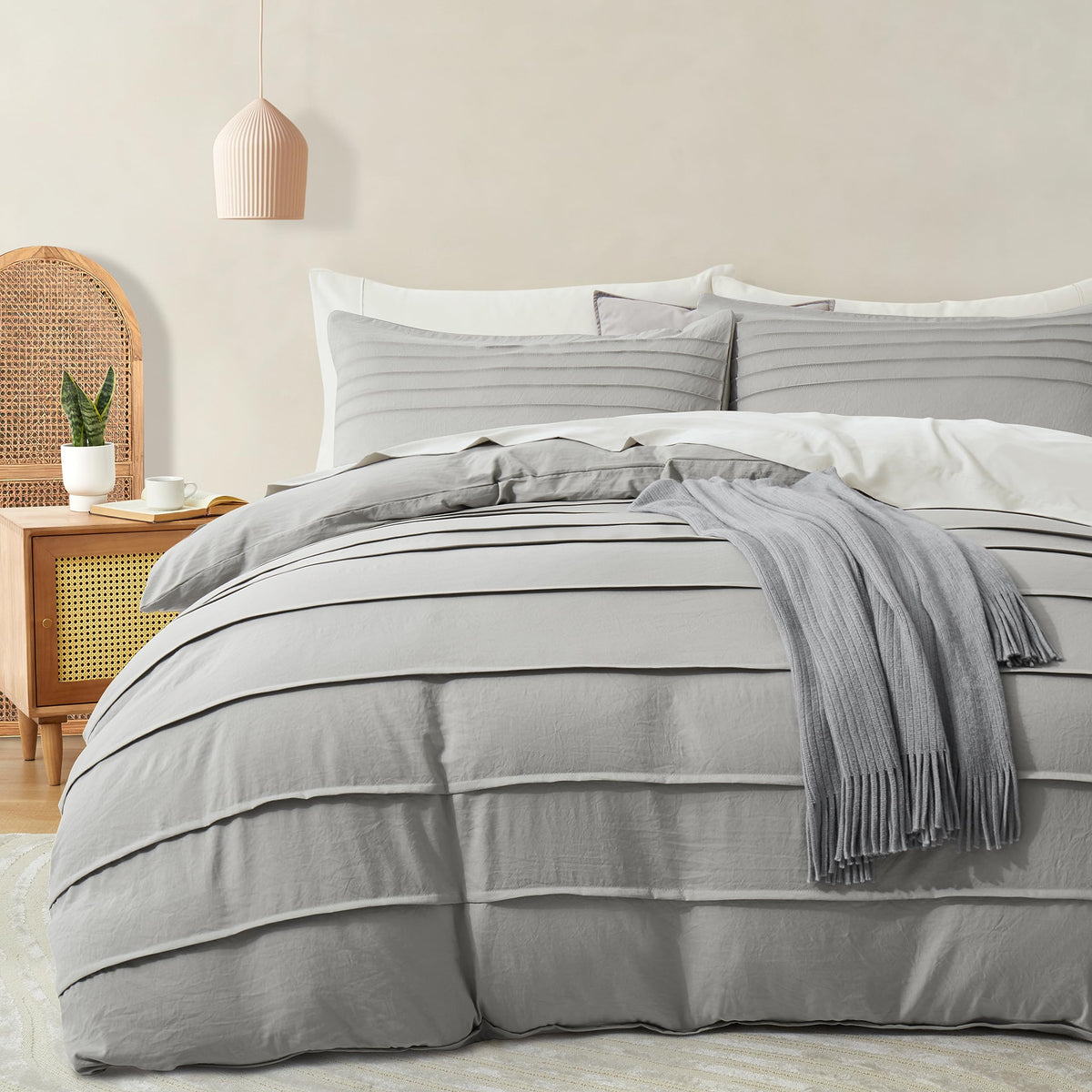 Oli Anderson 3PCS Pleated Duvet Cover Set, Sage Green, Queen