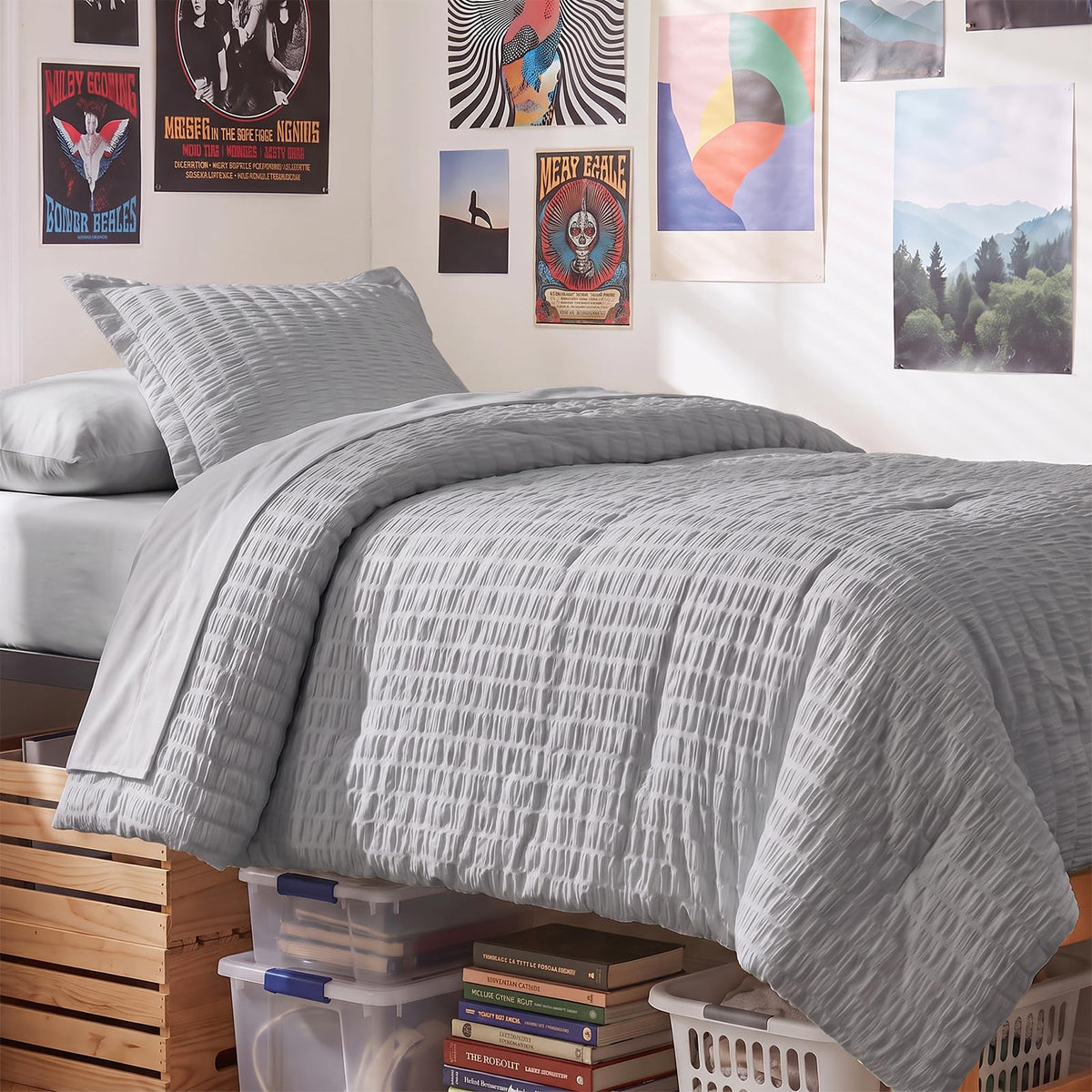 CozyLux Queen Comforter Set, 7 Pieces Beige Seersucker Bed in a Bag