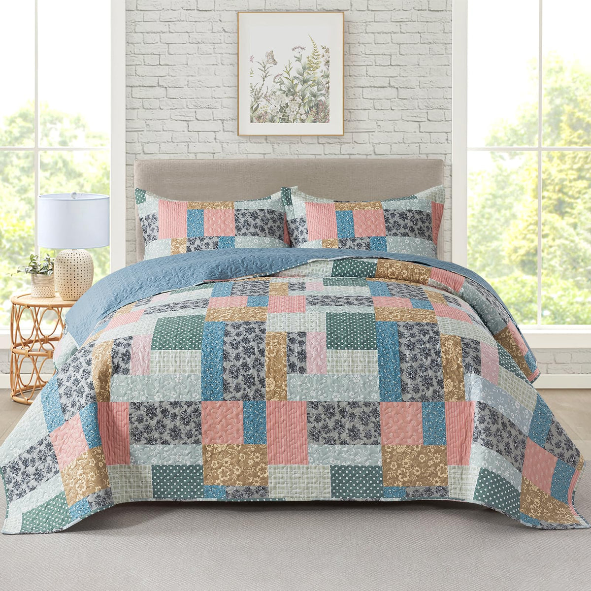 Travan 3-Piece Quilt Set Quilted Bedspread Lightweight Coverlet Set Garden Style Floral Printed Oversized Quilted Bedding Set with Shams for All Season, Exquisite, Queen Size