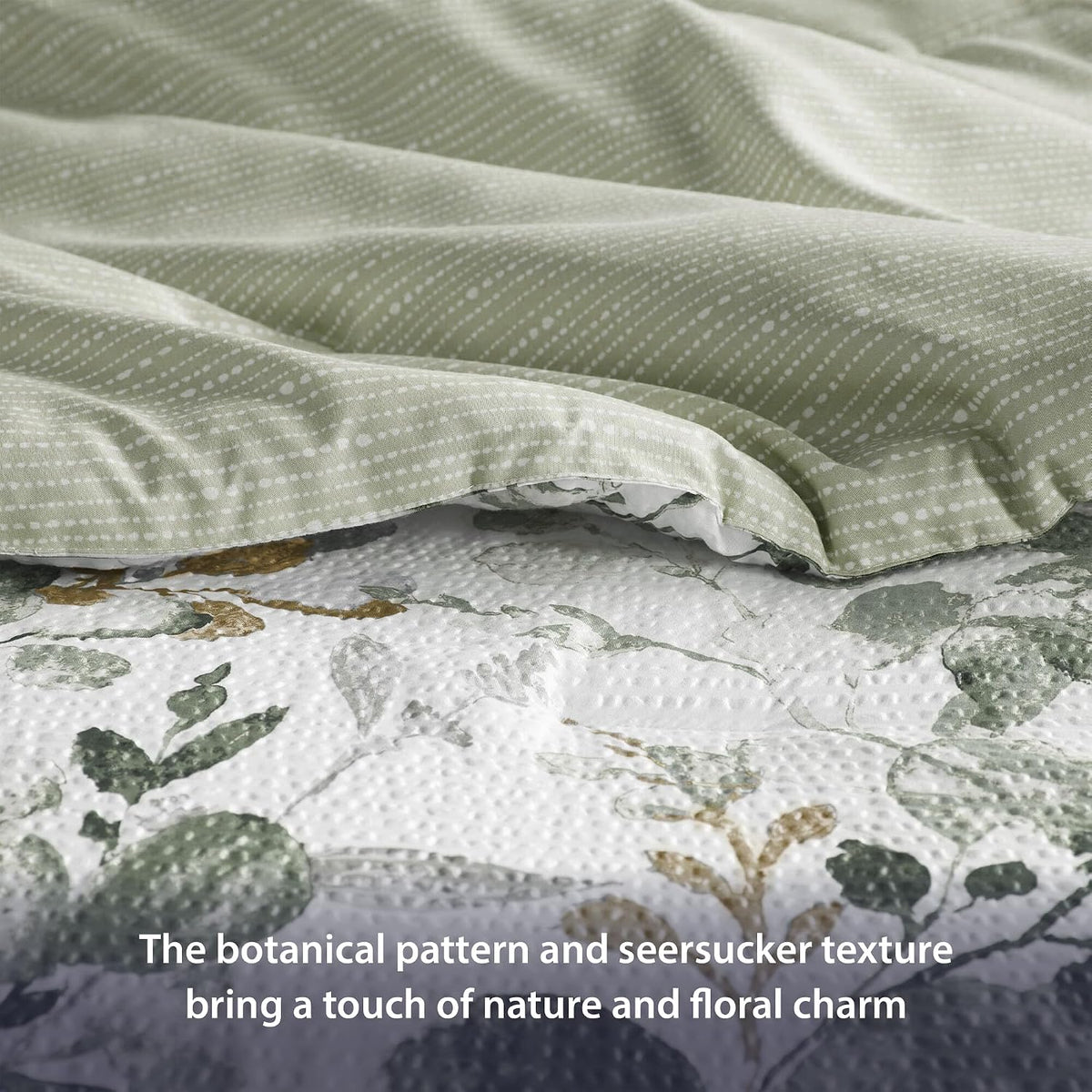 Lightweight Seersucker Botanical Comforter Set King Size, 3 Pieces Reversible Design with Striped Print, Premium Microfiber Bedding Set, Comforter and Sham Set, Green