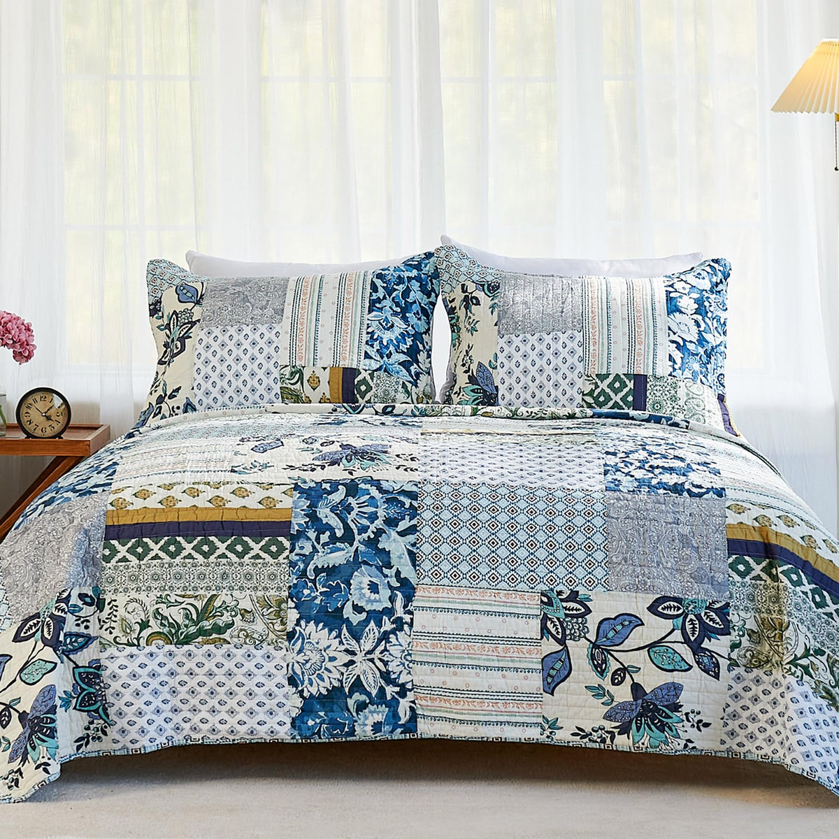 Secgo King Size Comforter Set- 100% Cotton Quilt King Size Set, Green, Sage bedspreads (96 * 108 Inch) with 2 Pillow Shams, Patchwork Reversible Lightweight Bedding