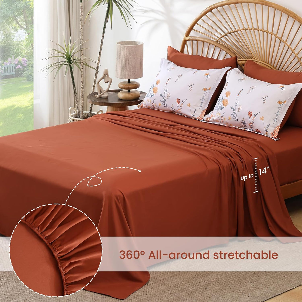 7 Piece Floral Full Size Comforter Set,Burnt Orange Cute Bedding for Girls