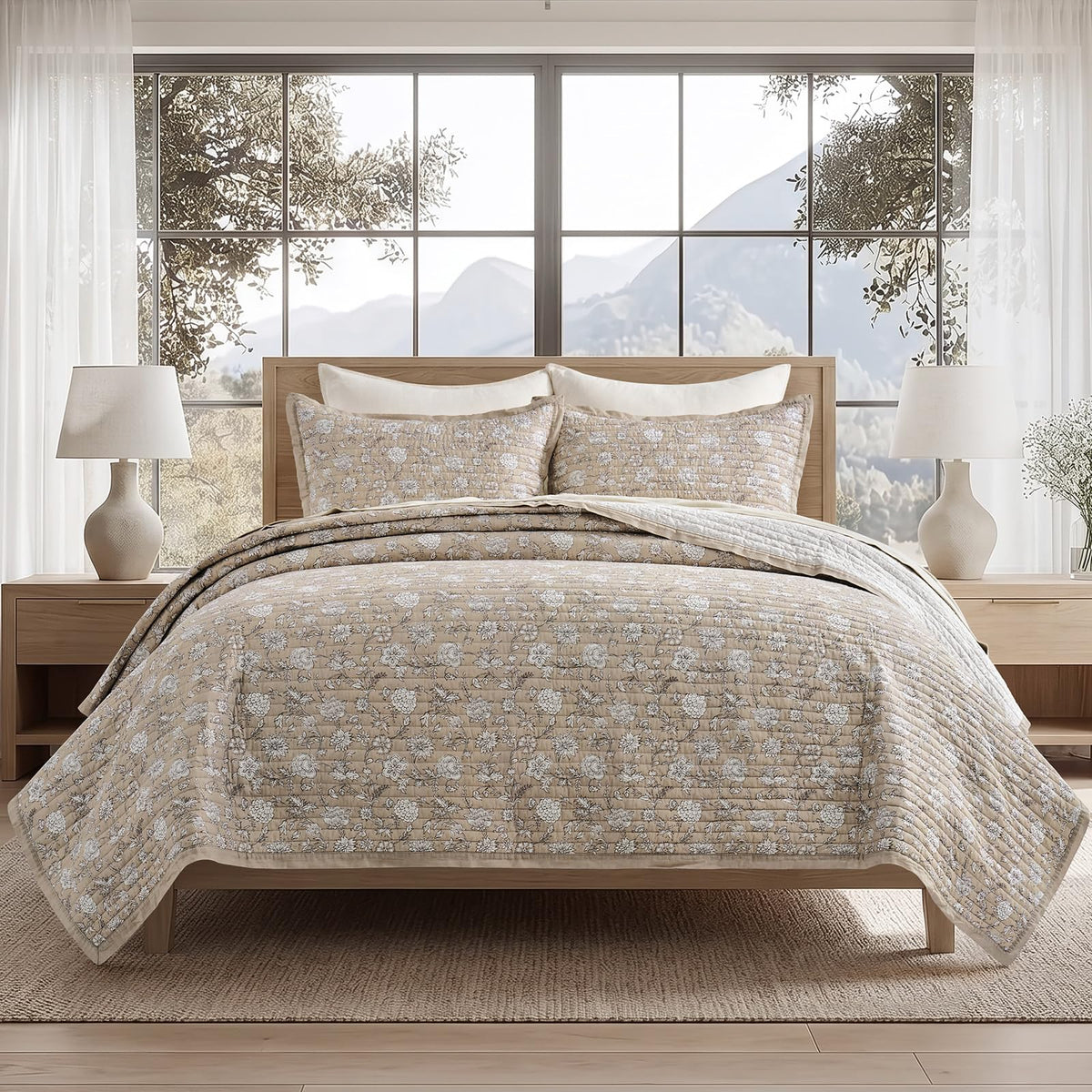 EverGrace 100% Cotton Floral Quilt Set, King Size, Sage Green 108"×96"