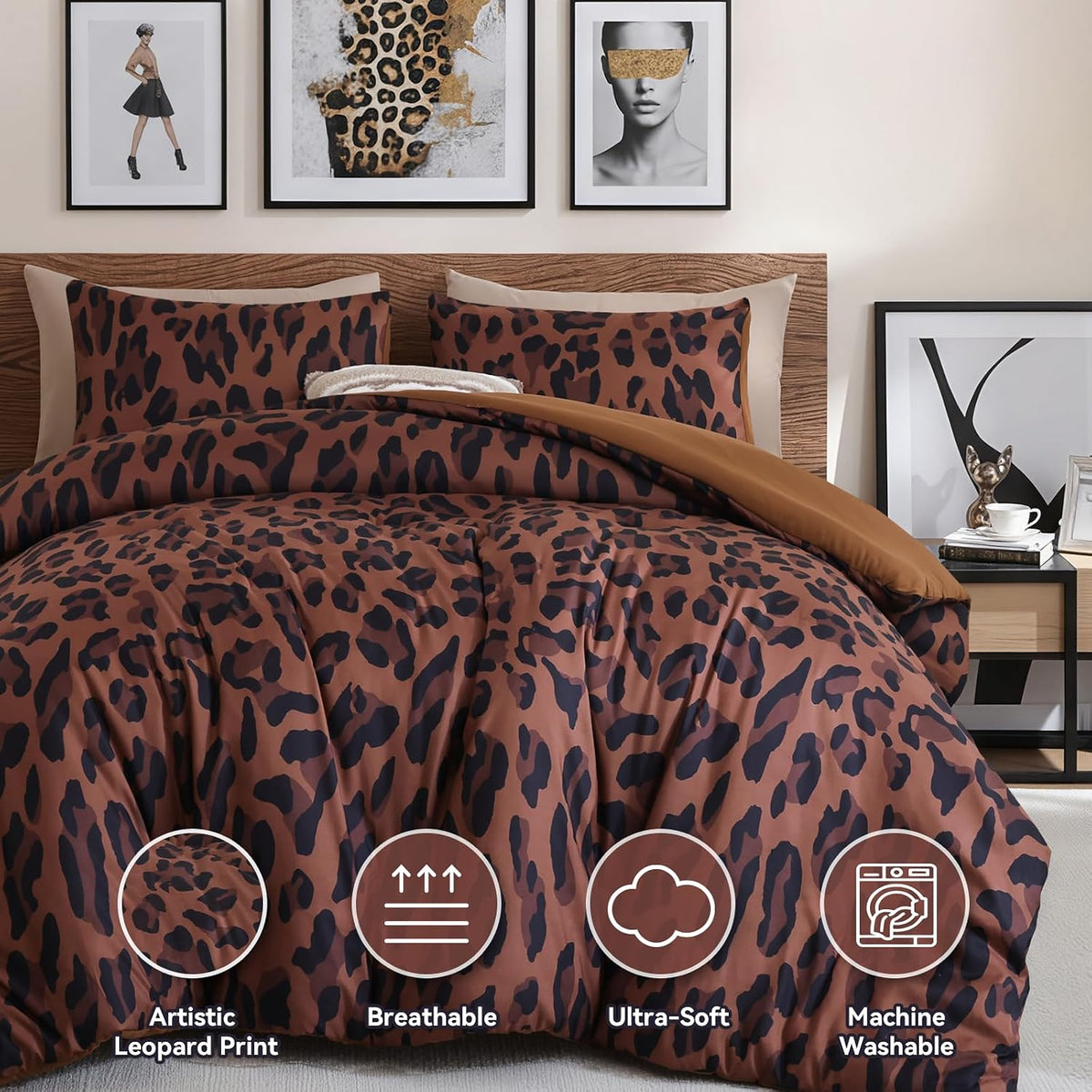 Cheetah Print Comforter Set Queen, Luxury Leopard Print Bedding, Brown