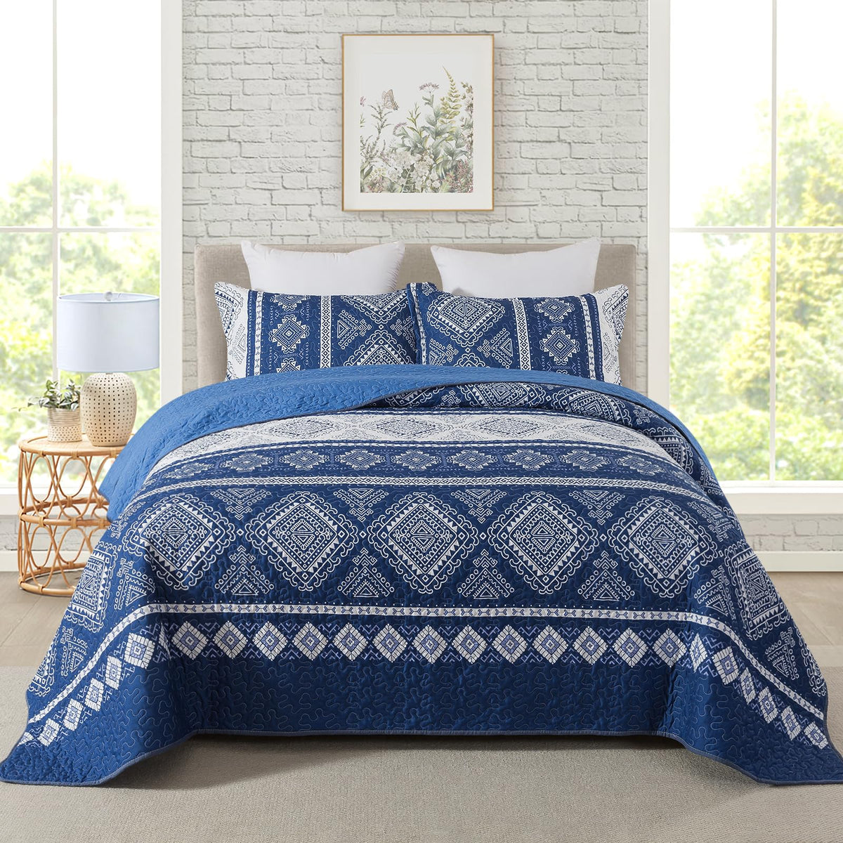Travan 3-Piece Quilt Set Quilted Bedspread Lightweight Coverlet Set Garden Style Floral Printed Oversized Quilted Bedding Set with Shams for All Season, Exquisite, Queen Size