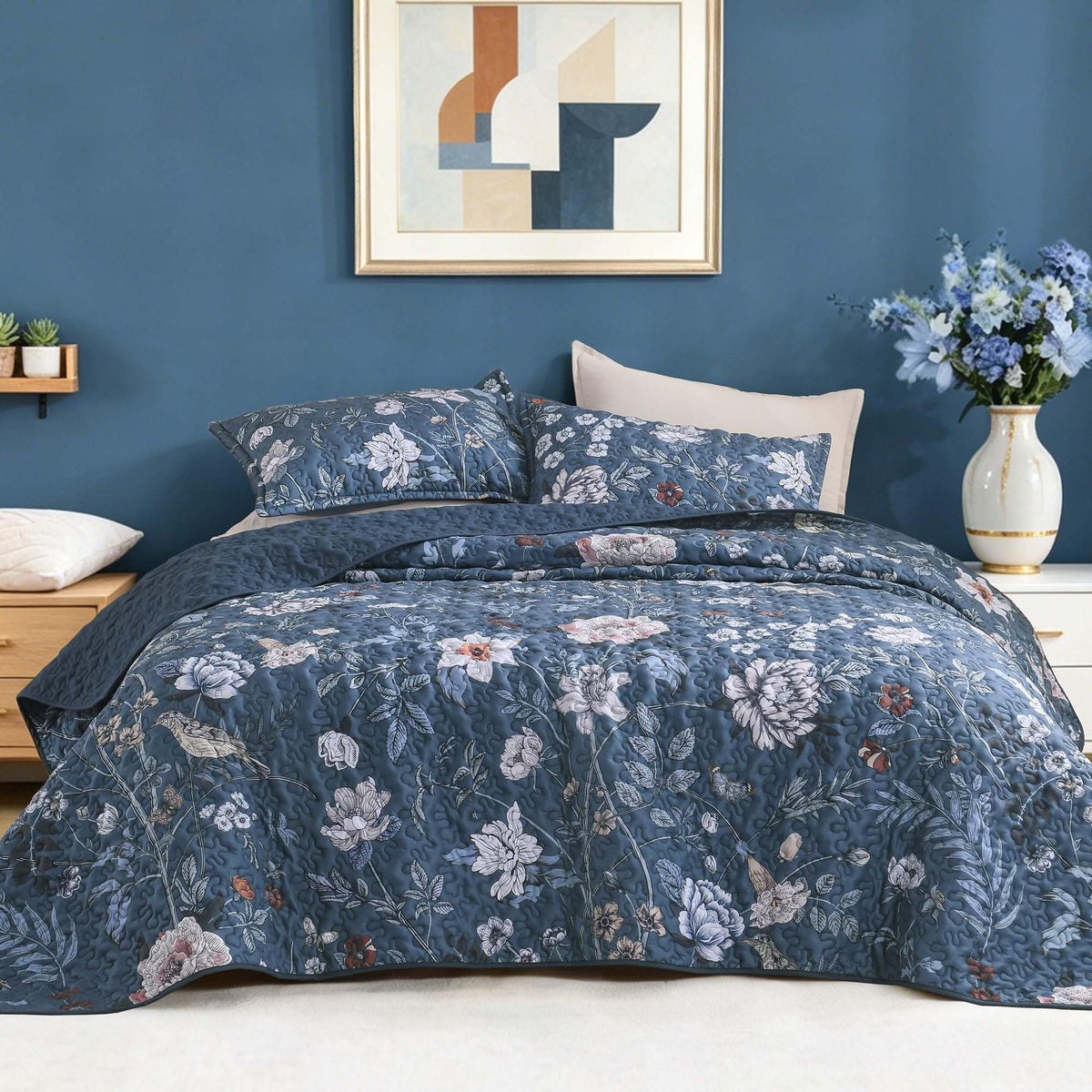 Litanika Floral Black Quilt King - 3Pcs Summer Boho Bedding Set