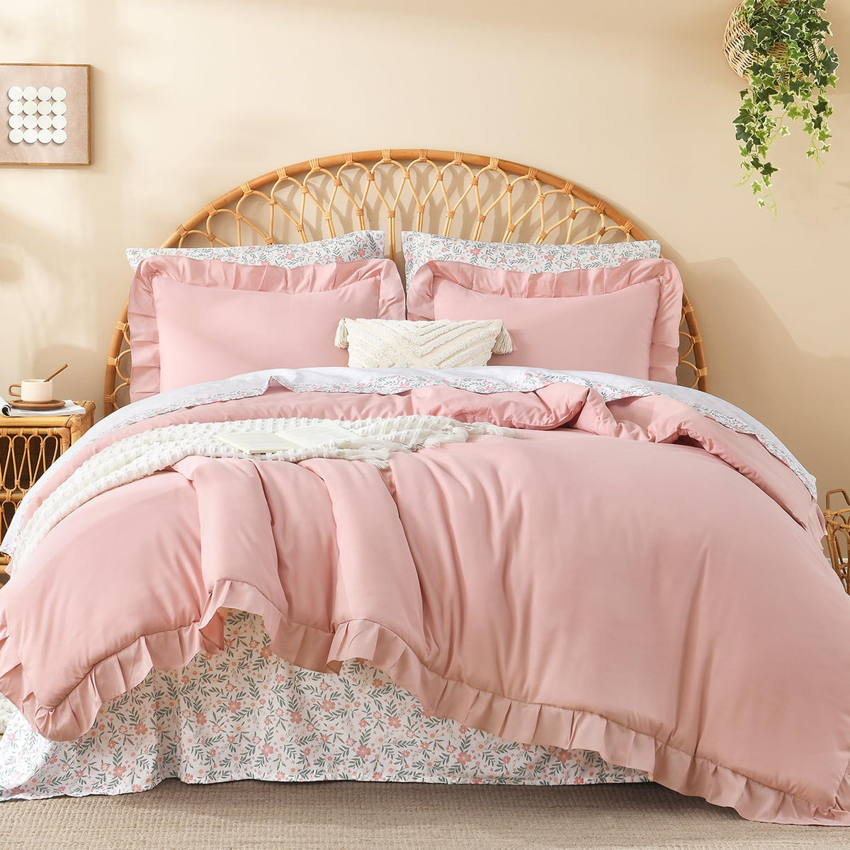 Litanika 7Pcs Queen Ruffled Sage Green Comforter Set with Floral Sheets