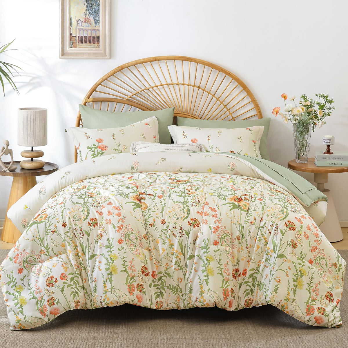 7 Piece Floral Full Size Comforter Set,Burnt Orange Cute Bedding for Girls
