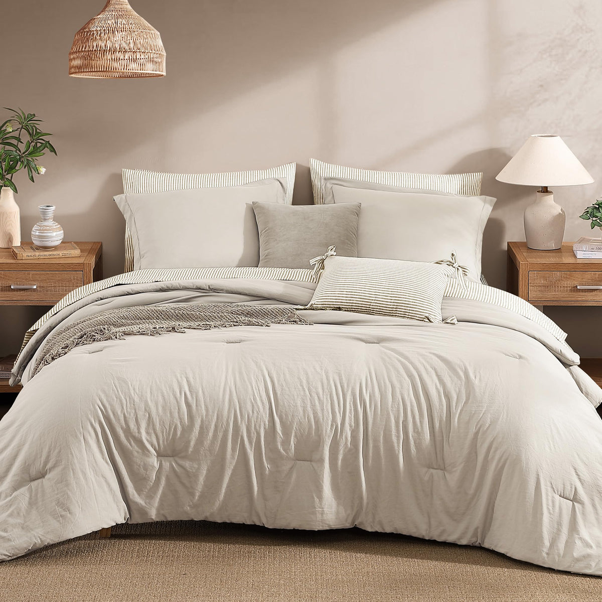 Monbix Queen Comforter Set - 7 Pieces Soft Bed in a Bag Queen Bedding Sets