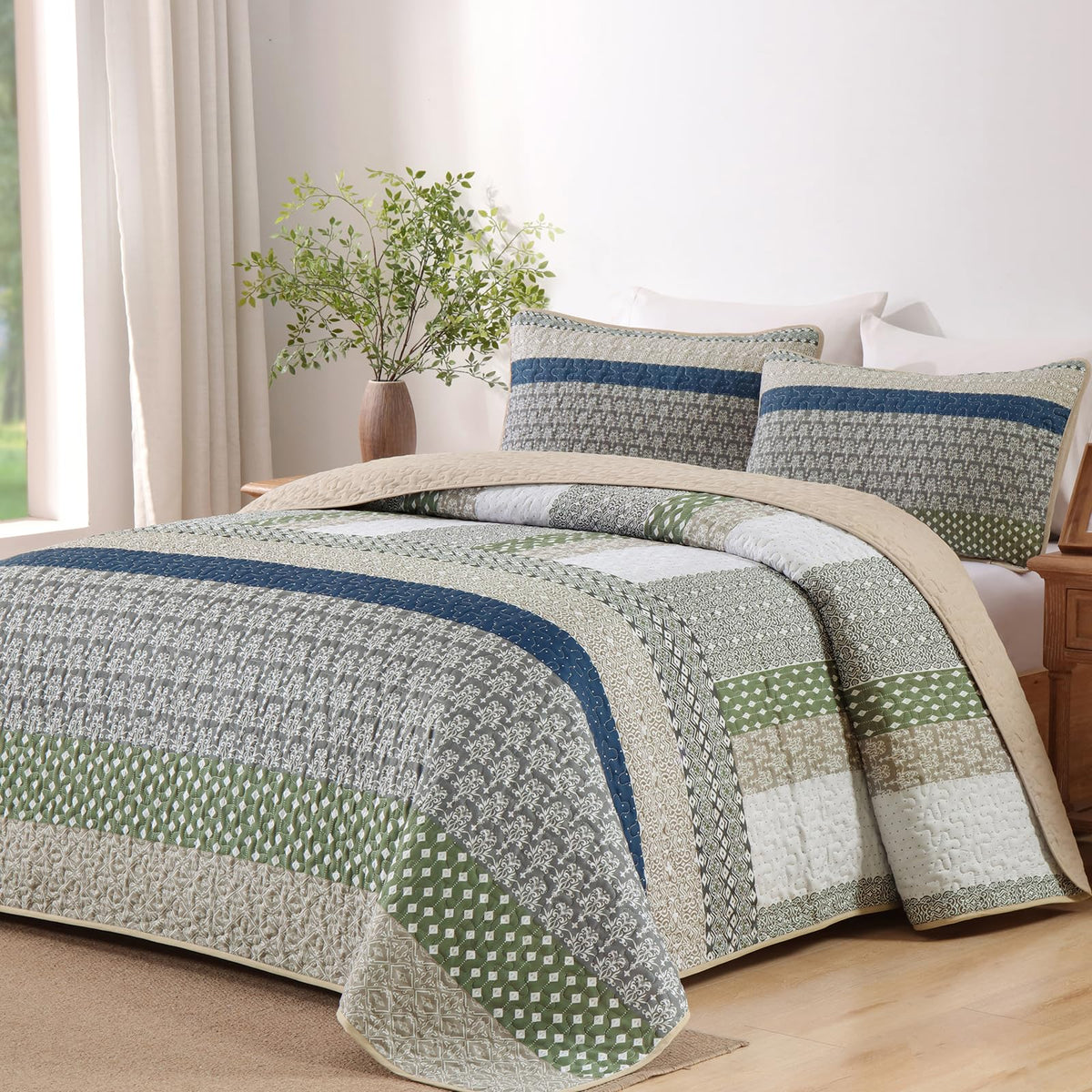 WONGS BEDDING Beige Quilt Queen Size, Boho Striped Bedspread