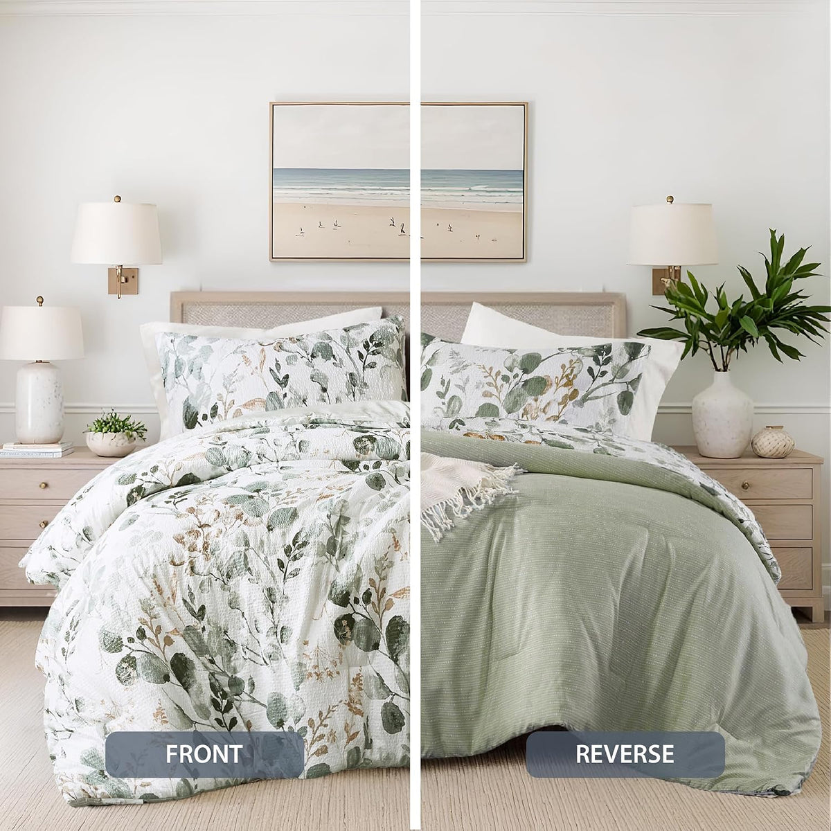 Lightweight Seersucker Botanical Comforter Set King Size, 3 Pieces Reversible Design with Striped Print, Premium Microfiber Bedding Set, Comforter and Sham Set, Green