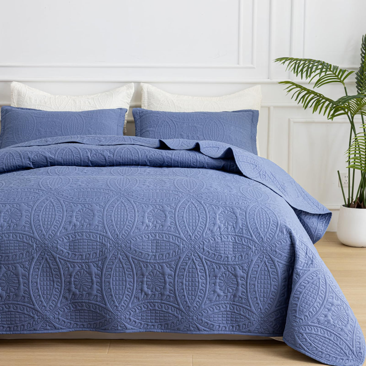 SheRest Queen Quilt Bedding Set - Grayish Blue Soft Breathable Bed Quilts, Modern Style Embossed Bedspreads, Lightweight Microfiber Coverlet for All Seasons-3 Pieces (1 Quilt,2 Pillow Shams)