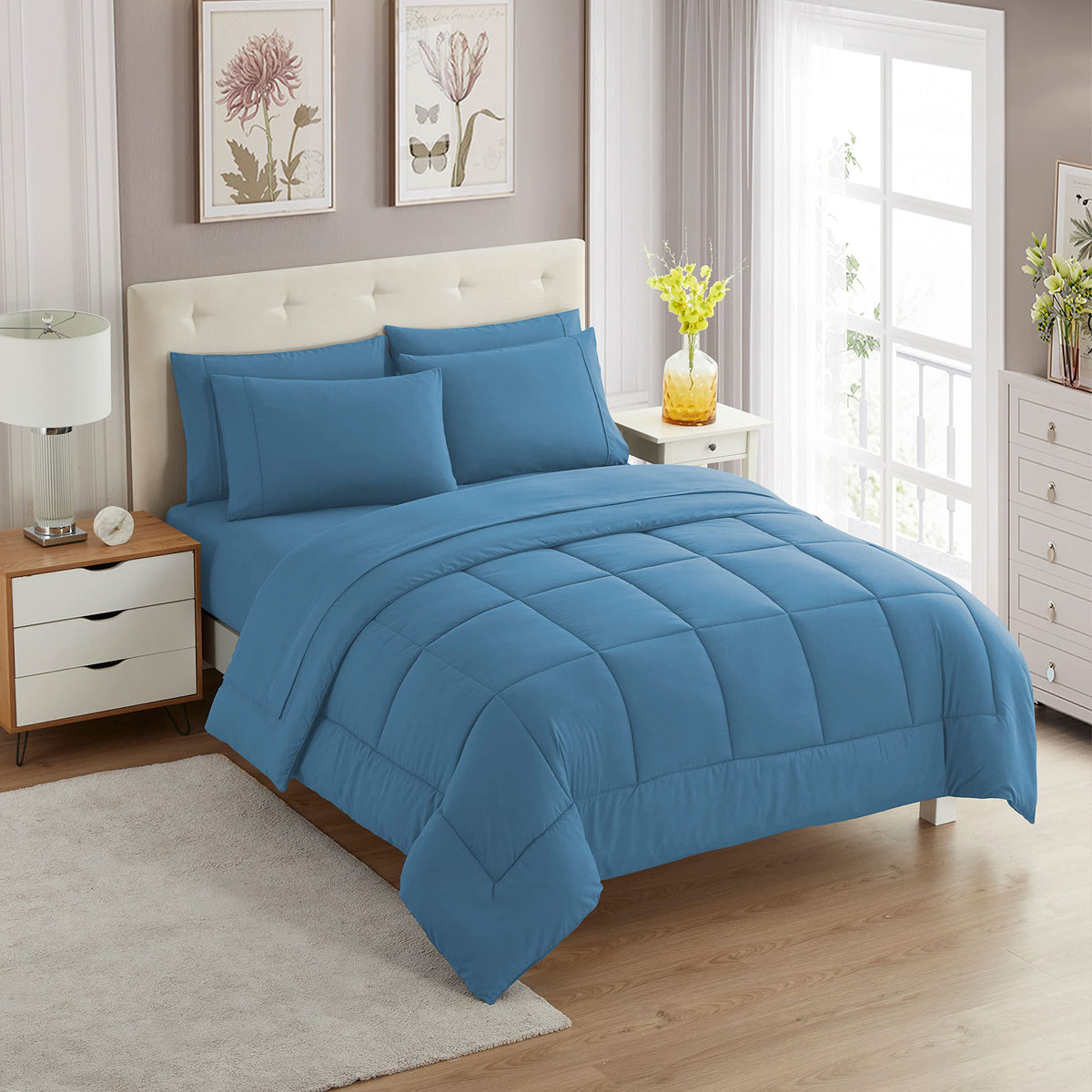 Sweet Home Collection 5 Piece Comforter Set Bag Solid Color All Season Soft Down Alternative Blanket & Luxurious Microfiber Bed Sheets, Navy, Twin