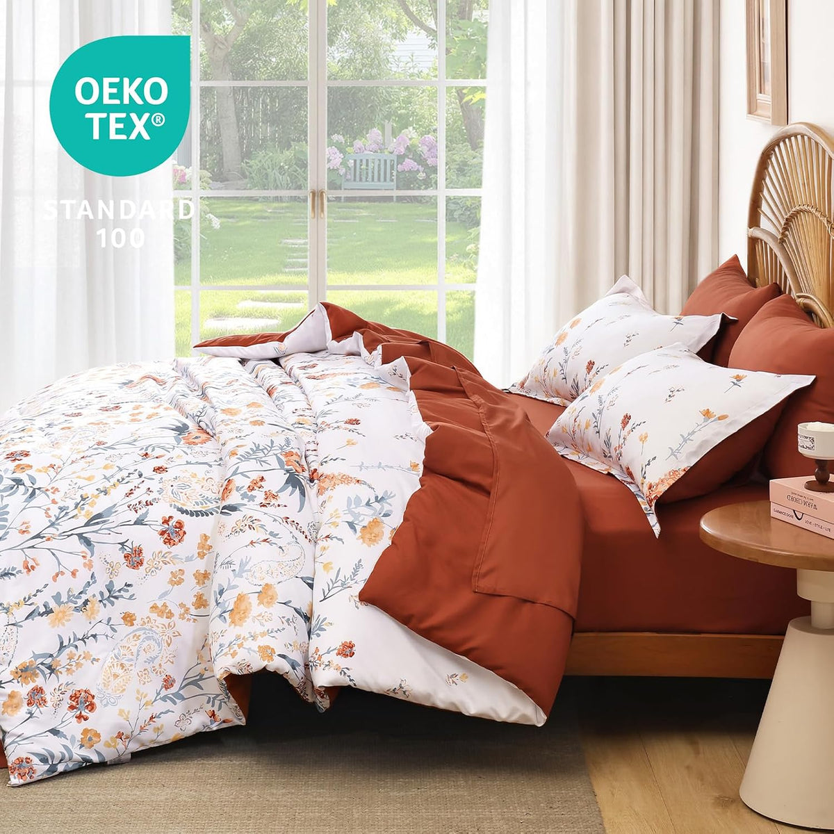 7 Piece Floral Full Size Comforter Set,Burnt Orange Cute Bedding for Girls