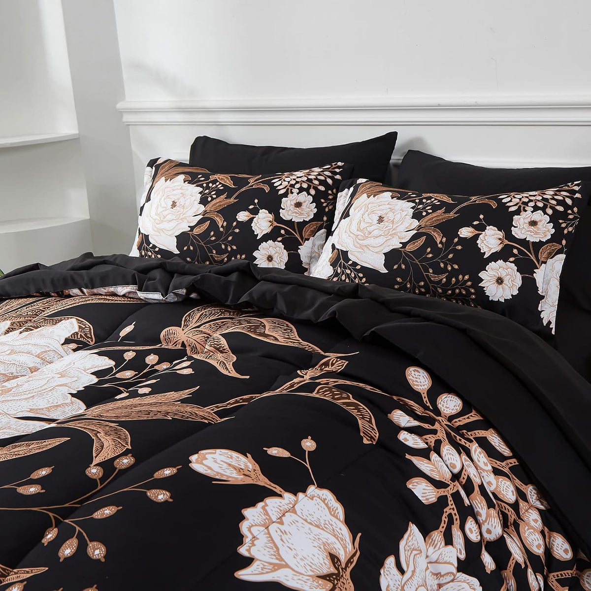 Yogeneg 7 Piece Bed in a Bag Queen Comforter Set Botanical Floral Bedding Set,White Flowers Leaves Printed on Black Reversible Design,Soft Microfiber Comforter with Sheet Set,All Season