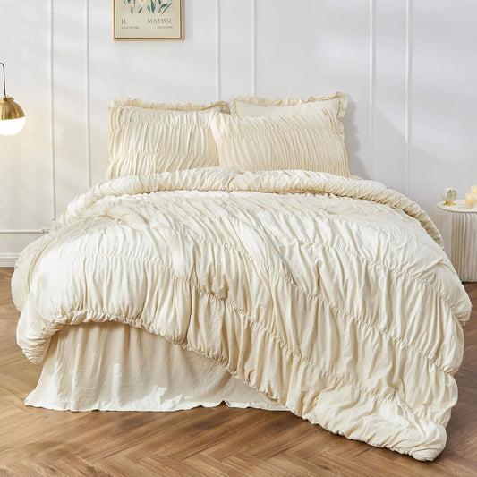 Bonlino Wheat Ruched Comforter Set Queen Size Ruffle Comforter Bedding