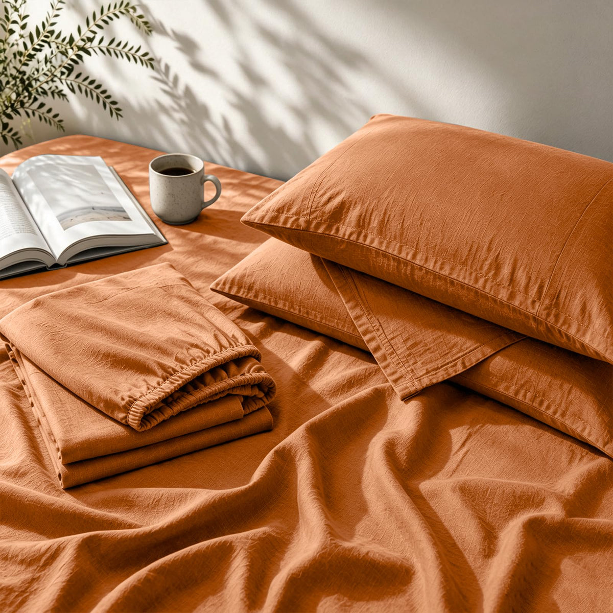 MEISHANG 100% French Linen Sheets Queen,4 Pcs,18-24" Extra Deep Pocket