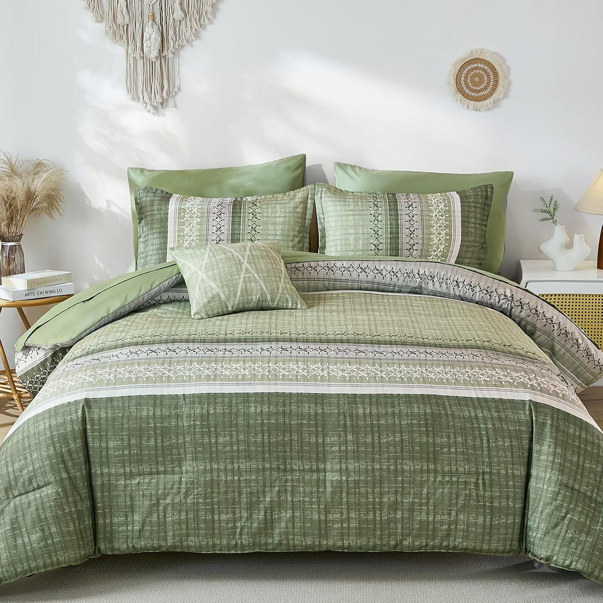 Dintszyayue Sage Green King Comforter Size Set, 8 Pieces Striped Boho Texture Bed in a Bag Sets, Lightweight Soft Bohemian Comforter and Sheet Set, All Season Microfiber Bedding Sets for Men Women