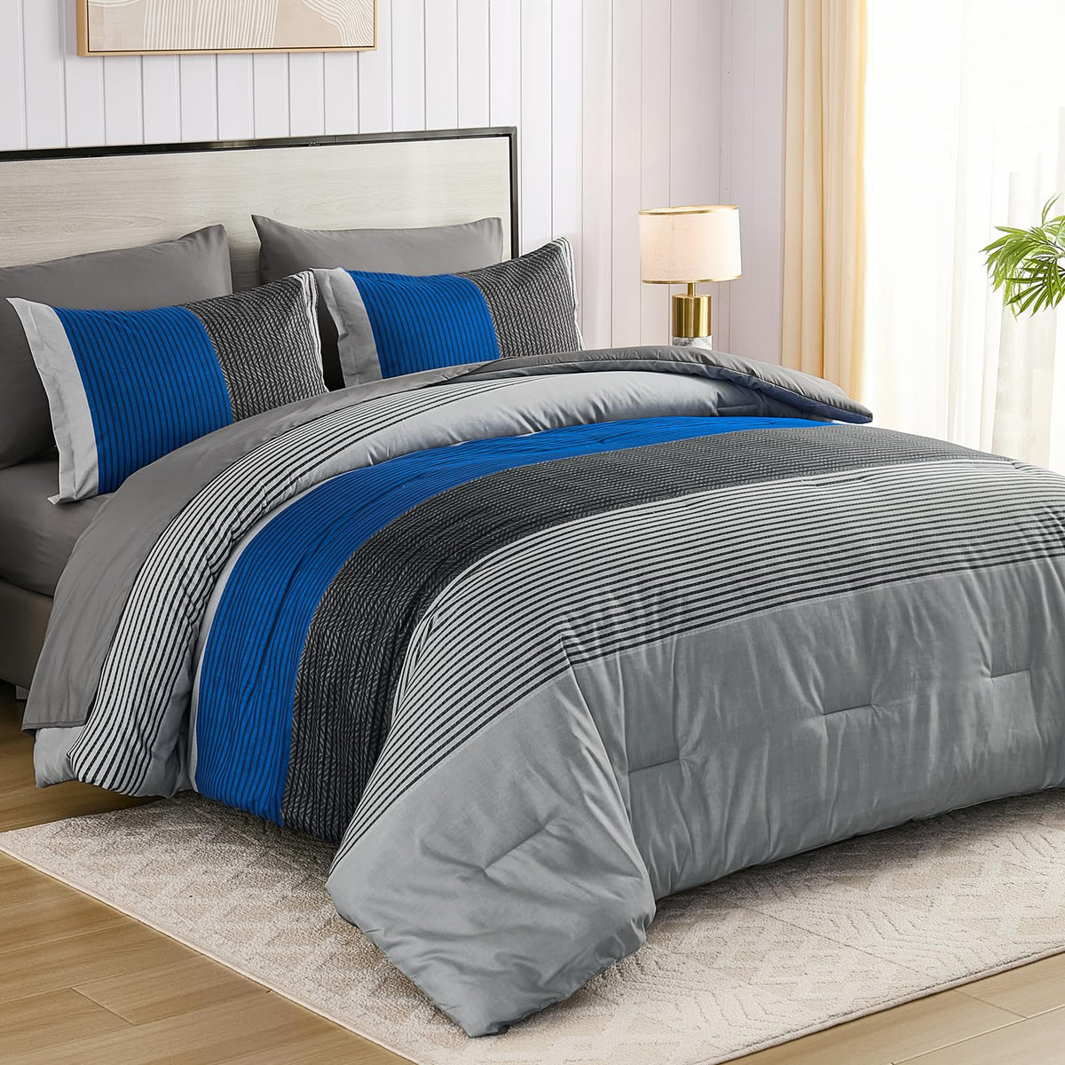 Anibedding Striped Comforter Set Queen Size, Boho Brown Green Striped Bedding Comforter Set 7 Piece Bed in a Bag, Soft Microfiber Down Alternative Farmhouse Bedding Set for All Season(90"x90")