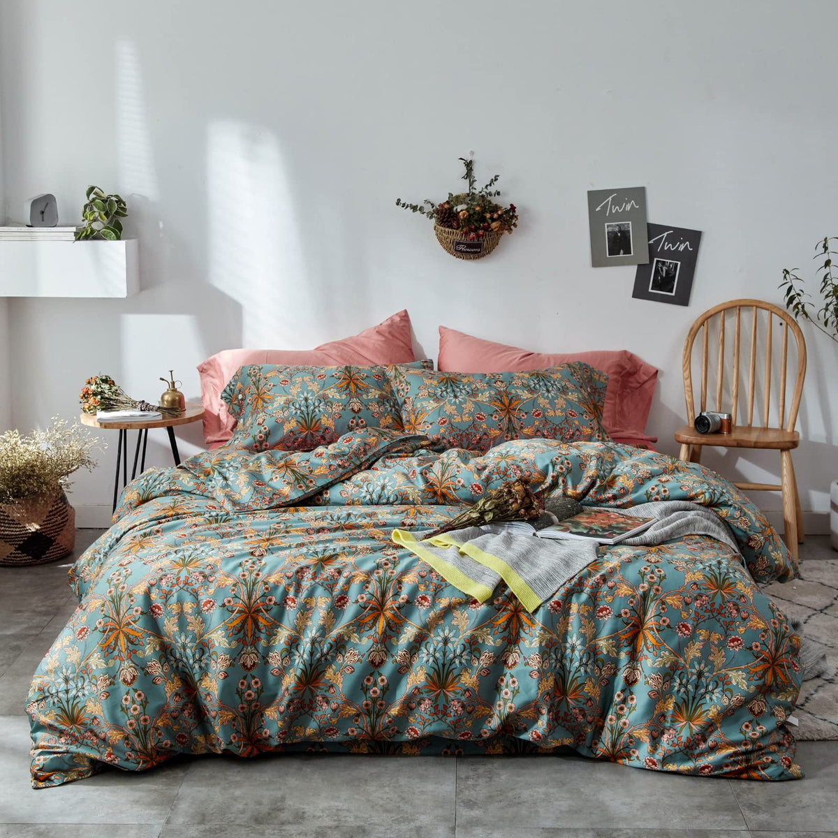 mixinni Duvet Cover Set King Size Bird Flower Pattern Soft Long Staple Cotton Floral Bedding Comforter Cover Set with Zipper Ties for Women and Men, Ultra Soft, Breathable, Easy Care-King Size