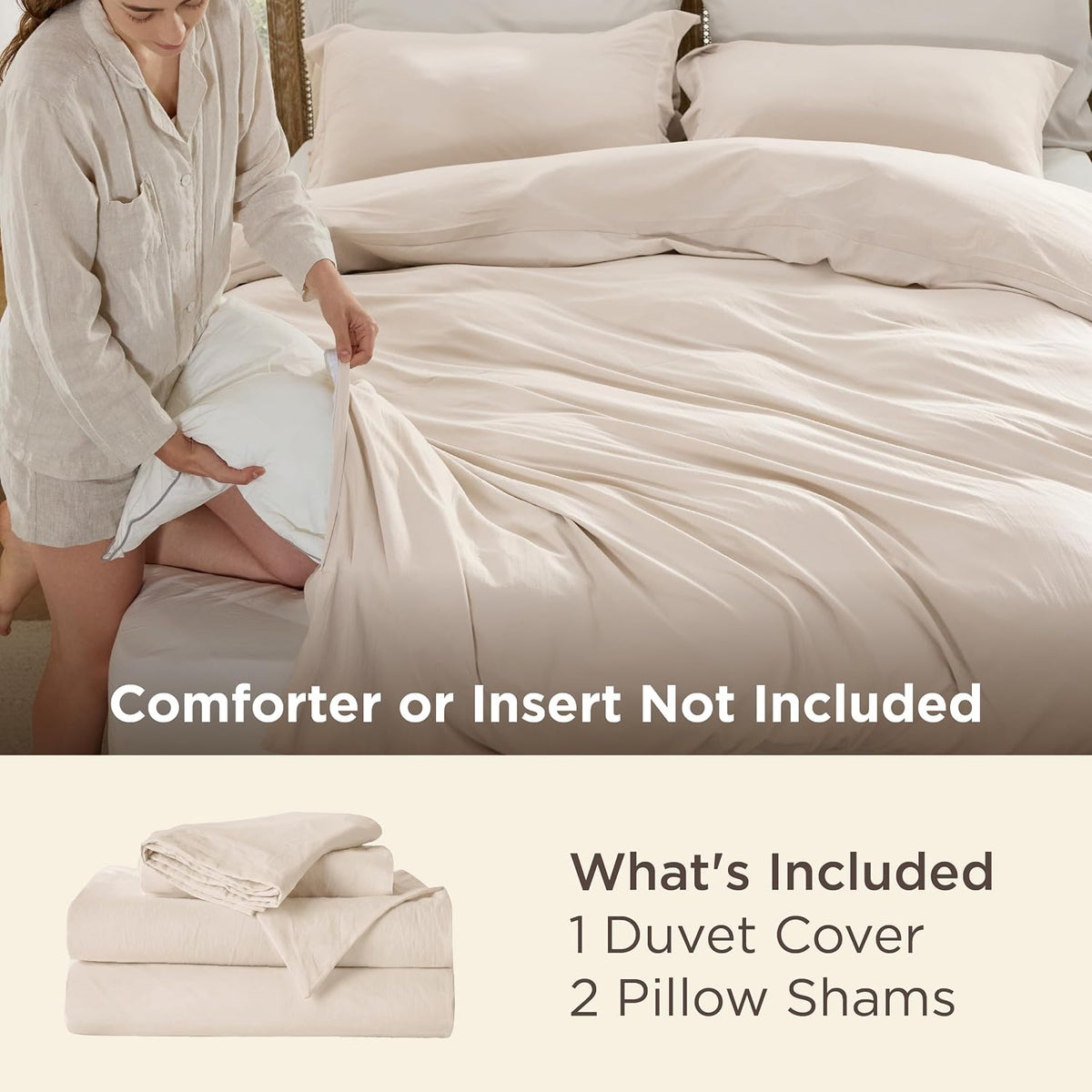 Bedsure Prewashed Duvet Cover Queen, Cotton-Like Soft Bedding Set, Beige