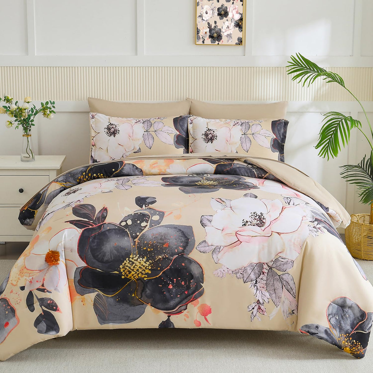 Yogeneg 7 Piece Bed in a Bag Queen Comforter Set Botanical Floral Bedding Set,White Flowers Leaves Printed on Black Reversible Design,Soft Microfiber Comforter with Sheet Set,All Season