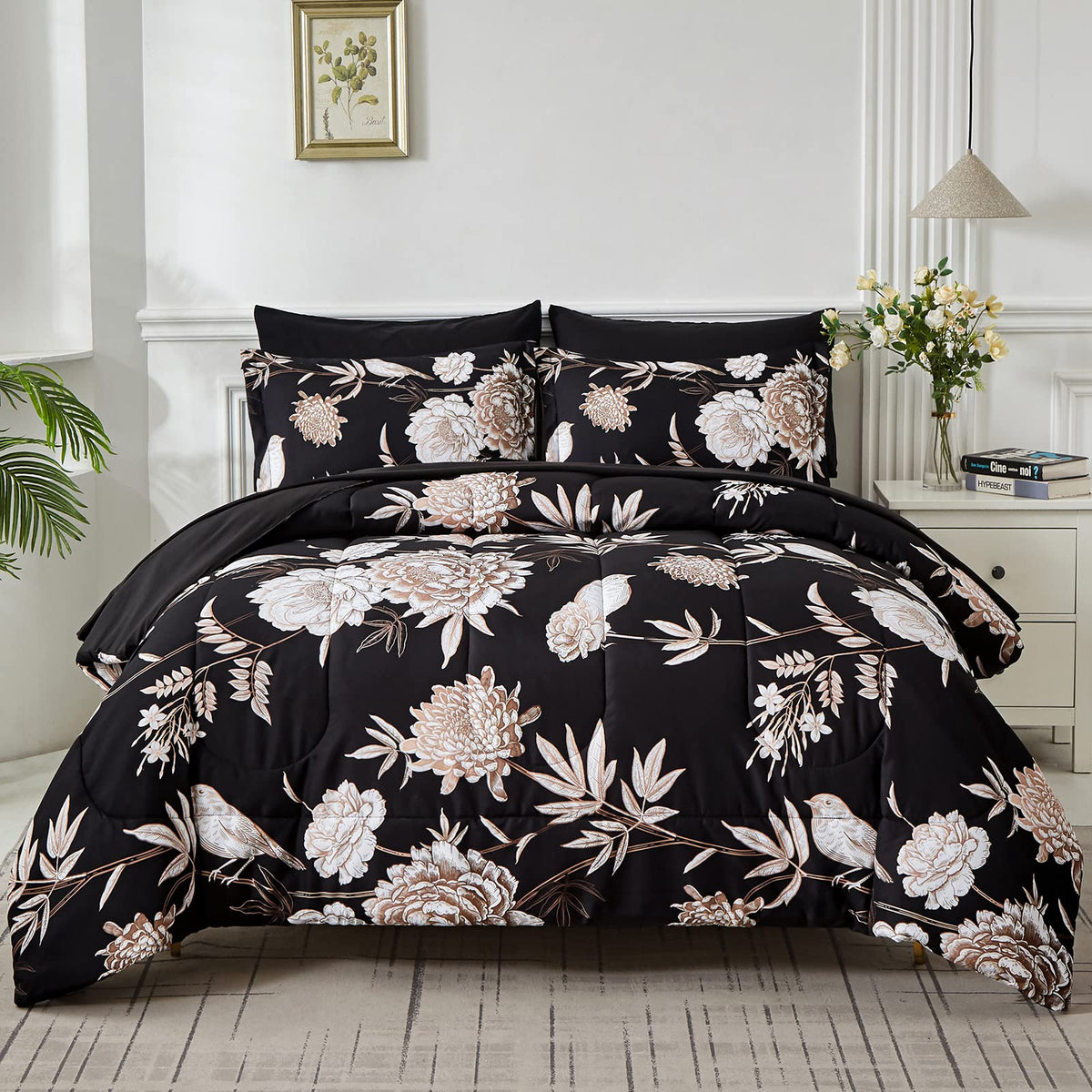 Yogeneg 7 Piece Bed in a Bag Queen Comforter Set Botanical Floral Bedding Set,White Flowers Leaves Printed on Black Reversible Design,Soft Microfiber Comforter with Sheet Set,All Season