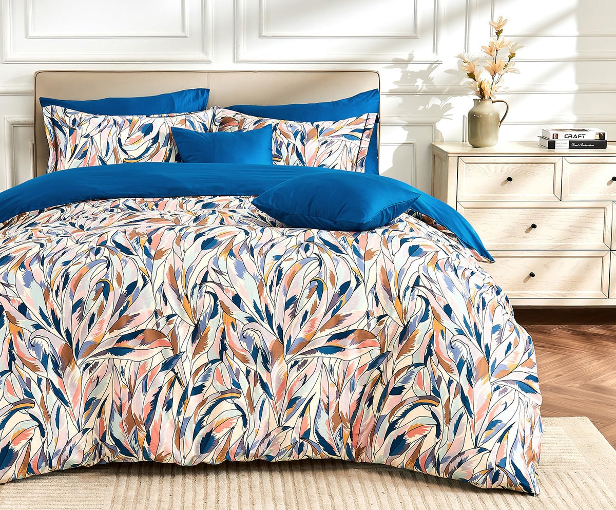 SLEEPBELLA Duvet Cover King Size, 600 Thread Count Cotton Beige & Bluish Grey Printed with Luxurious Leaves Pattern Reversible Botanical Comforter Cover Sets, Bedding Set 3Pcs (King, Beige Paisley)