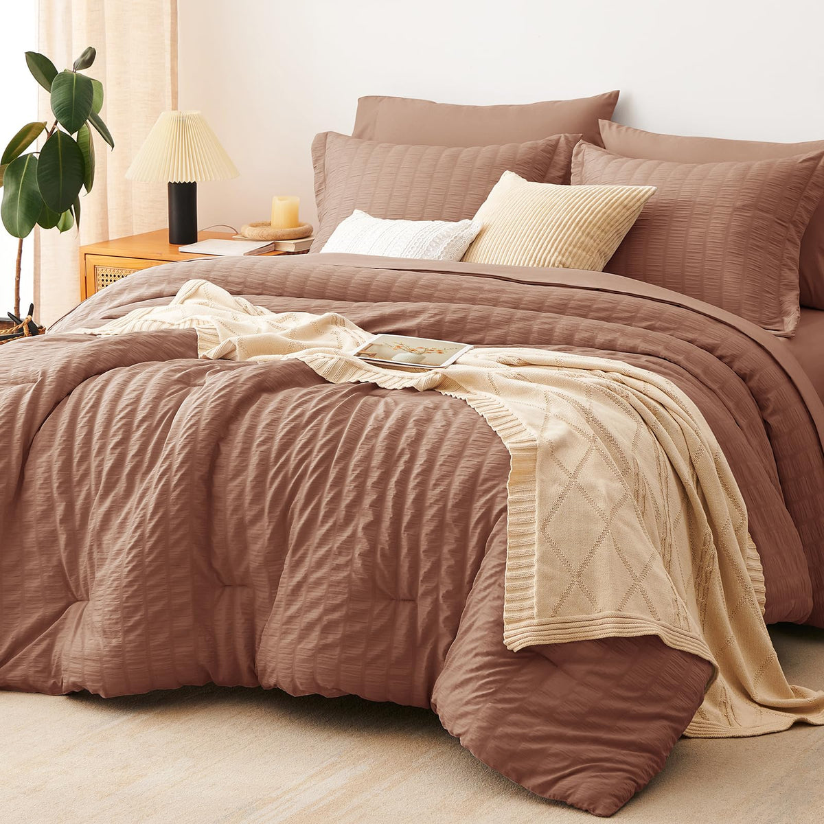 CozyLux Queen Comforter Set, 7 Pieces Beige Seersucker Bed in a Bag