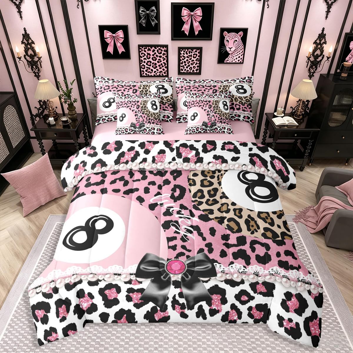 Erosebridal Leopard Print Bedding Set,7 Piece Pink Lucky 8 Ball Cheetah Bed in A Bag Queen Comforter Set for Boys Girls Women Preppy Room Decor Aesthetic Comforter and Sheets Fashion Coquette Bed Set
